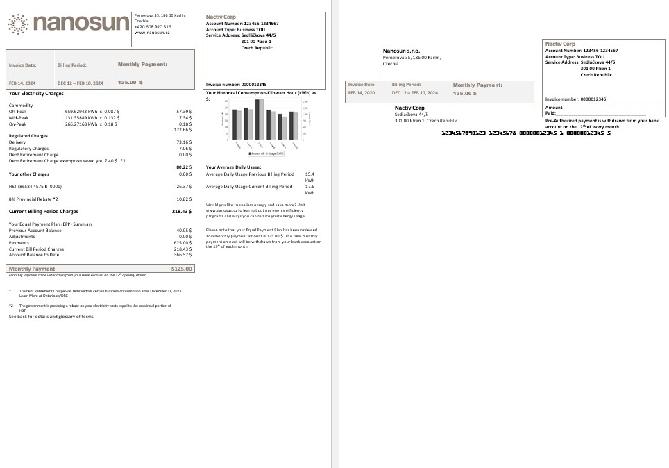 Czech Republic Nanosun sro business utility bill template in Word in pfd formats PSD template